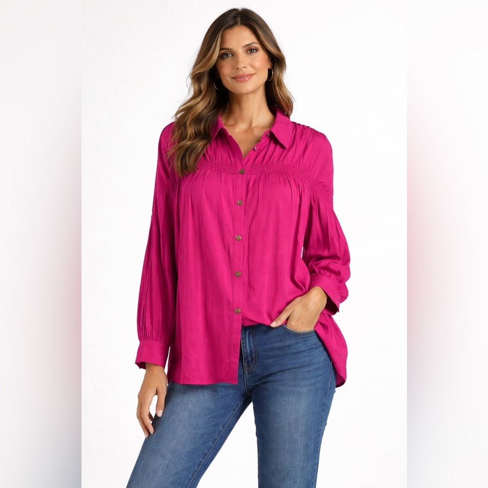 ANDREE by UNIT New 1X Pink Button Up  Tunic Shirt Western Ruche Long Sle…